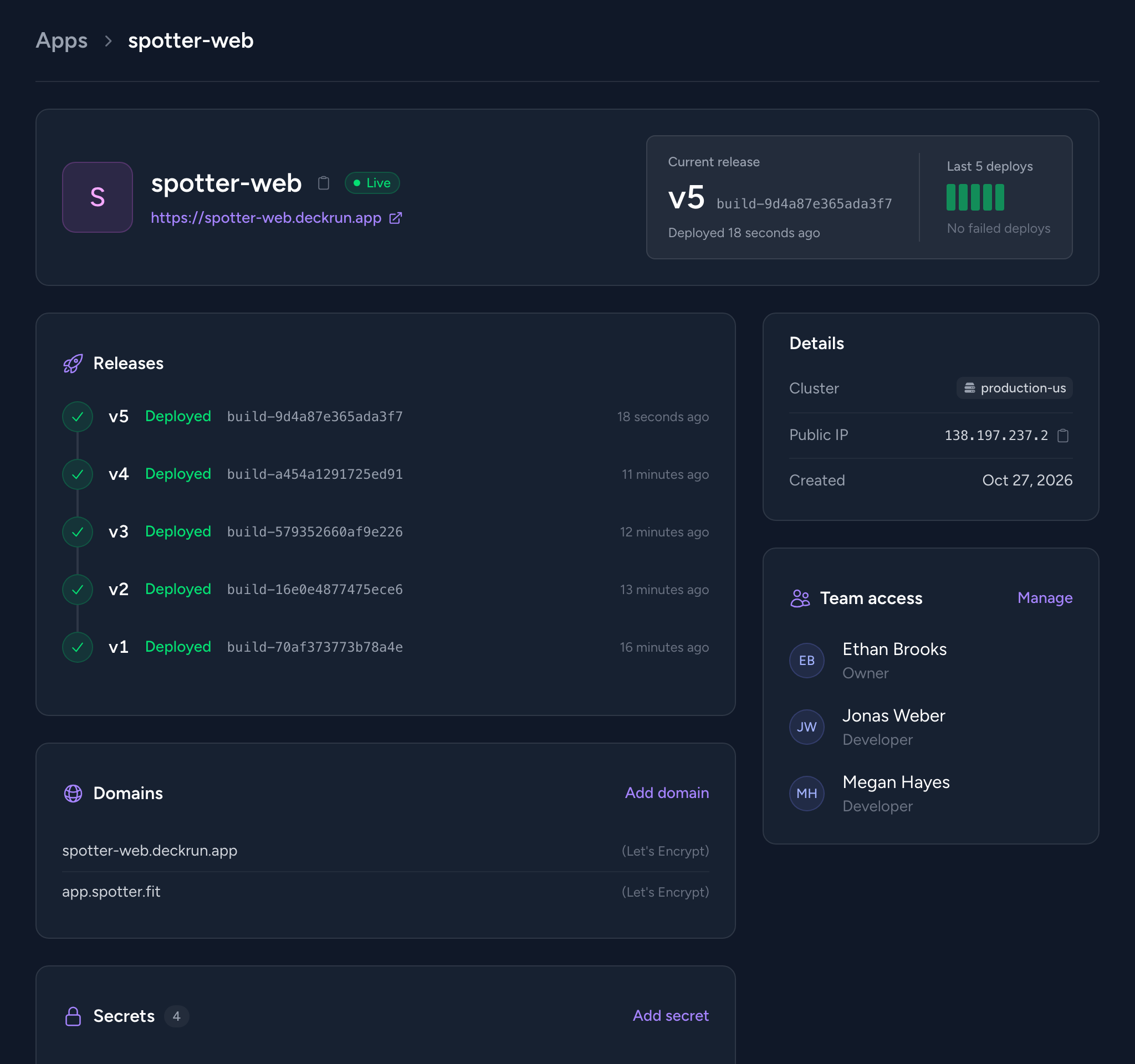 Deckrun dashboard showing an app with its current release, details, releases and domains
