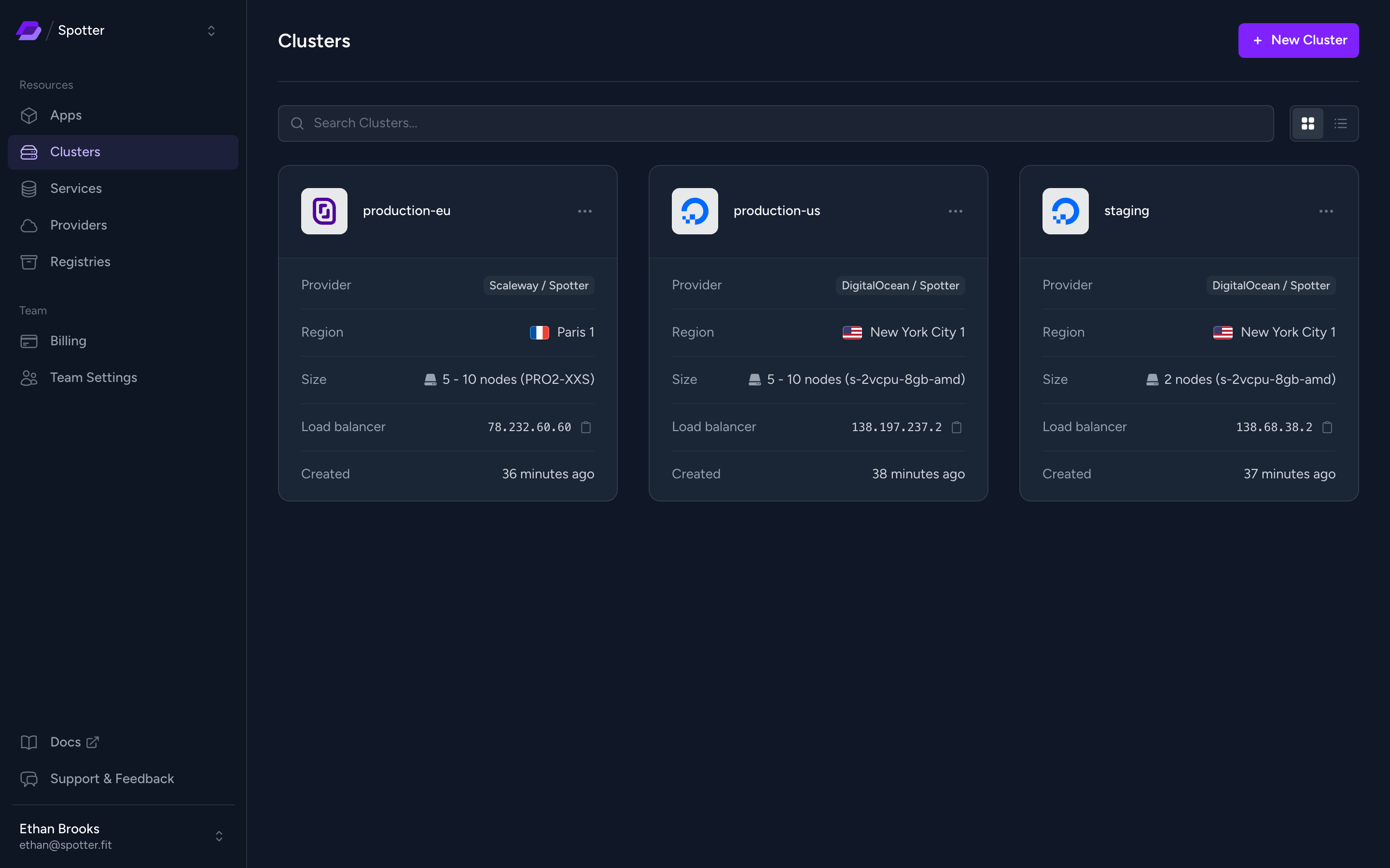 Deckrun dashboard listing the team's Kubernetes clusters with provider, region and nodes
