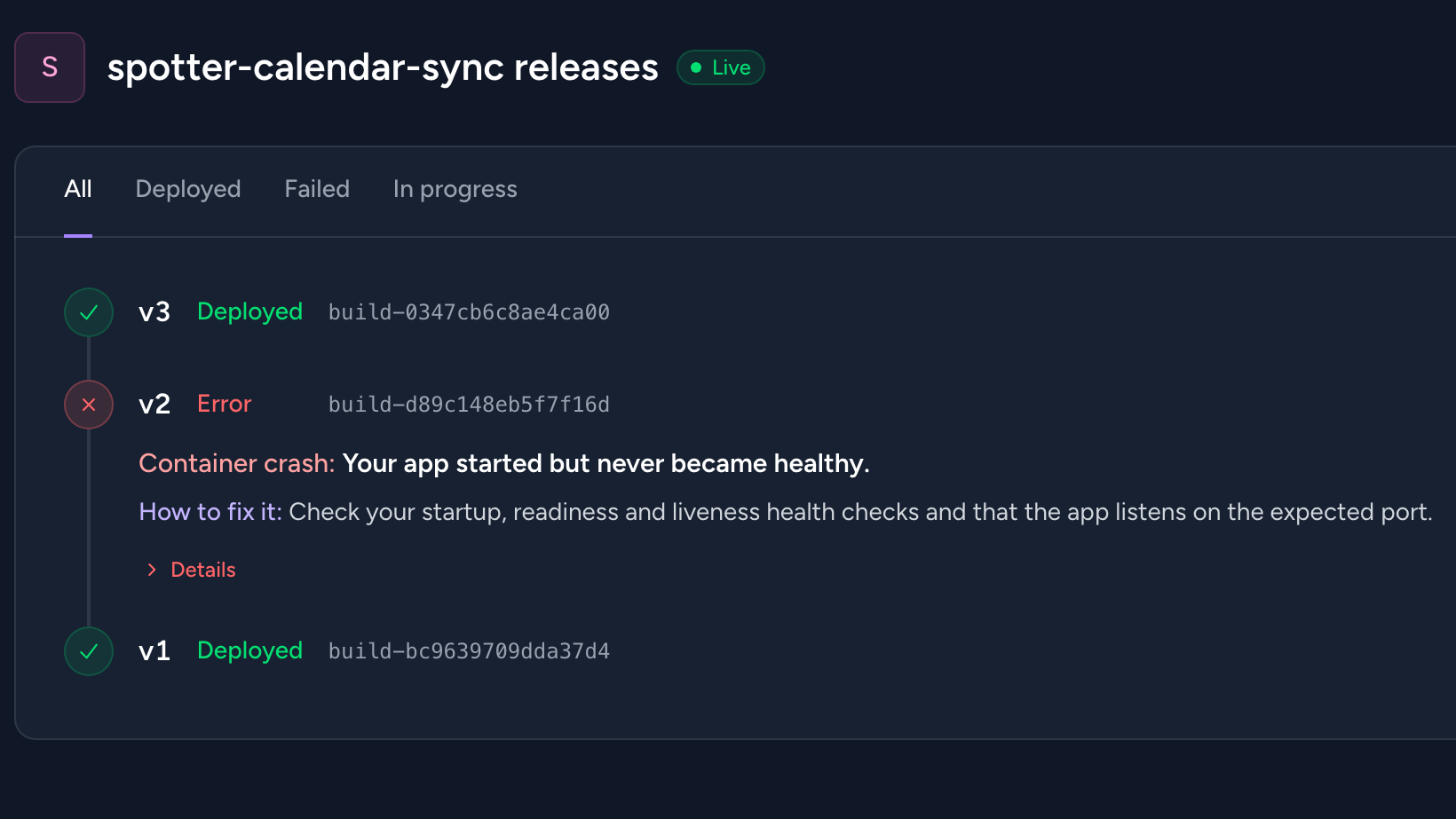 Release history for an app, with a failed release and its diagnosis